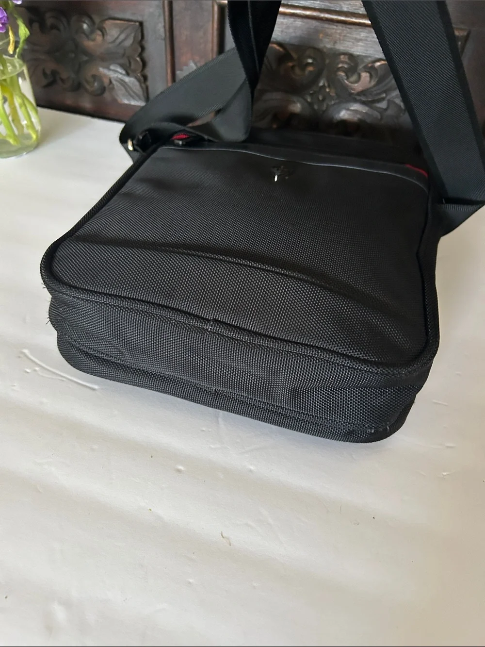 Victoria Tourist Black Messenger Bag with Red Accent Strip